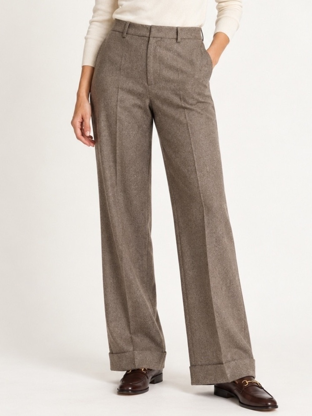 Boden Taupe Brown Wool Blend Wide Leg Cuffed Trousers US 8R